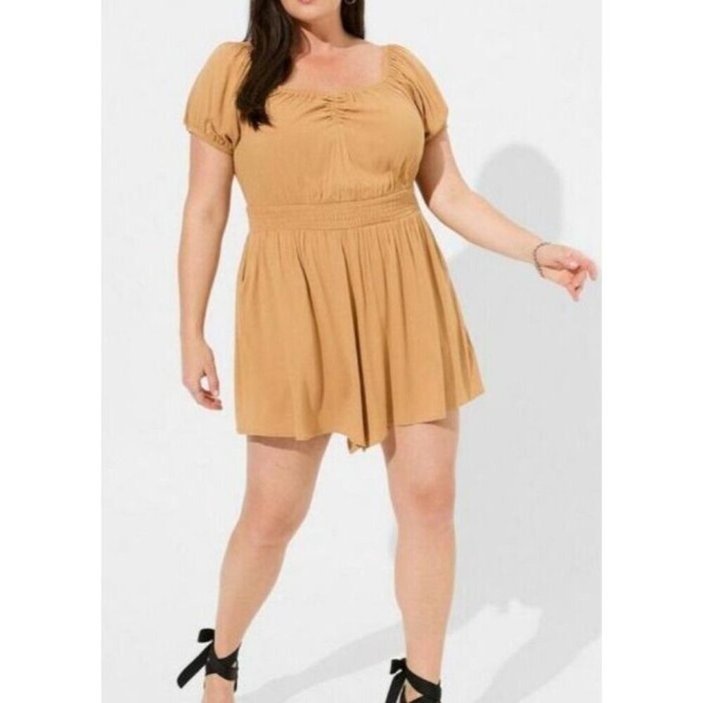 Torrid Women's Short Sleeve Rayon Slub Smocked Waist Romper Tan Plus Size 3X